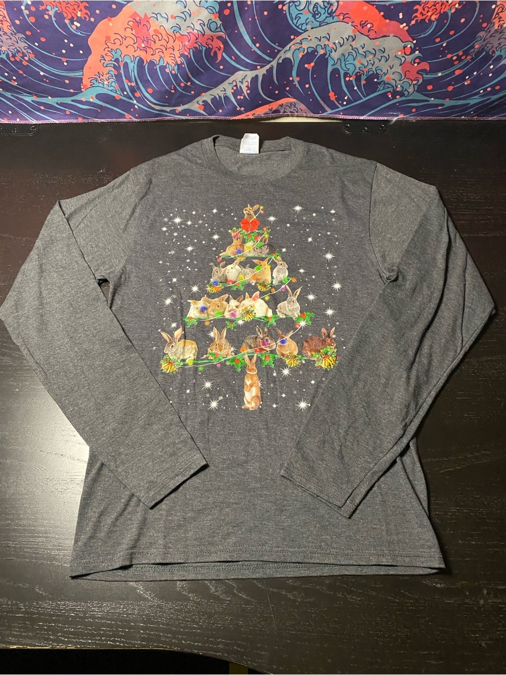 Port and Company Charcoal Gray Long Sleeve Tee with Bunny Christmas Tree Graphic